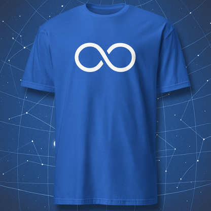 Minimal infinity symbol math shirt on royal blue t-shirt