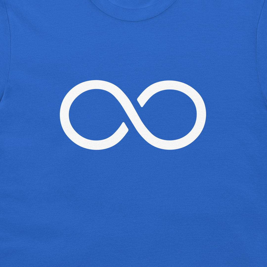 A close-up of a royal blue t-shirt featuring a white infinity symbol printed on the chest.