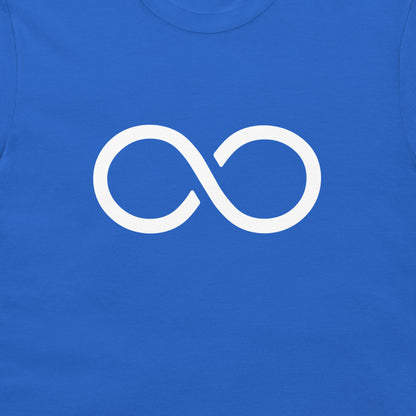 A close-up of a royal blue t-shirt featuring a white infinity symbol printed on the chest.