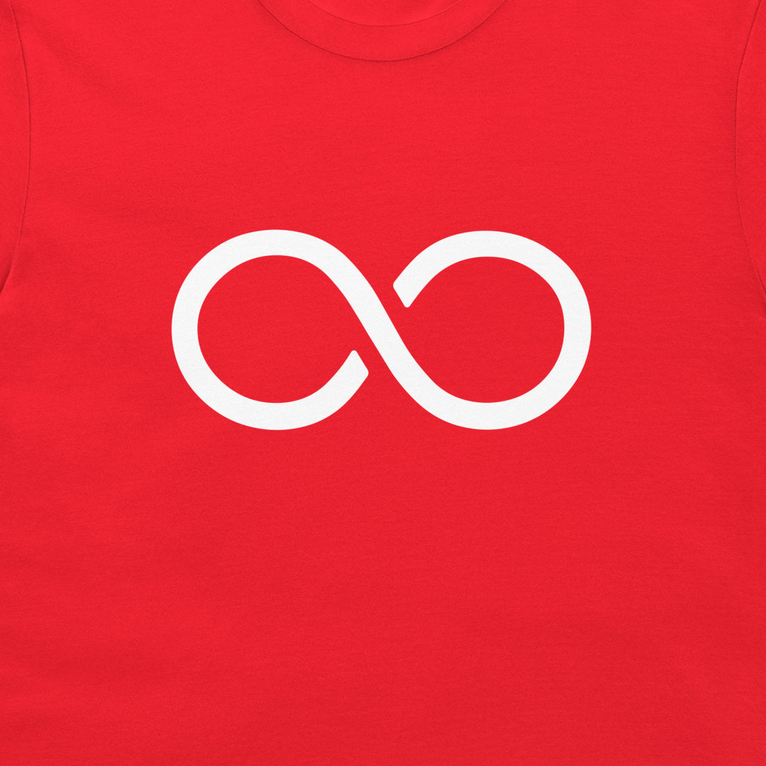 A close-up of a red t-shirt featuring a white infinity symbol printed on the chest.