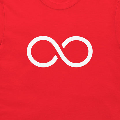A close-up of a red t-shirt featuring a white infinity symbol printed on the chest.
