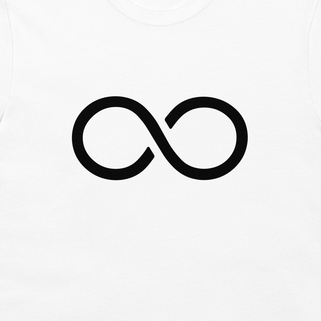 A close-up of a white t-shirt, featuring a bold black infinity symbol printed on the chest.