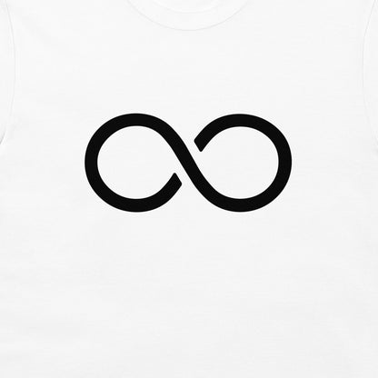 A close-up of a white t-shirt, featuring a bold black infinity symbol printed on the chest.