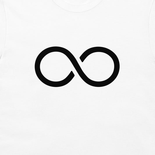 A close-up of a white t-shirt, featuring a bold black infinity symbol printed on the chest.