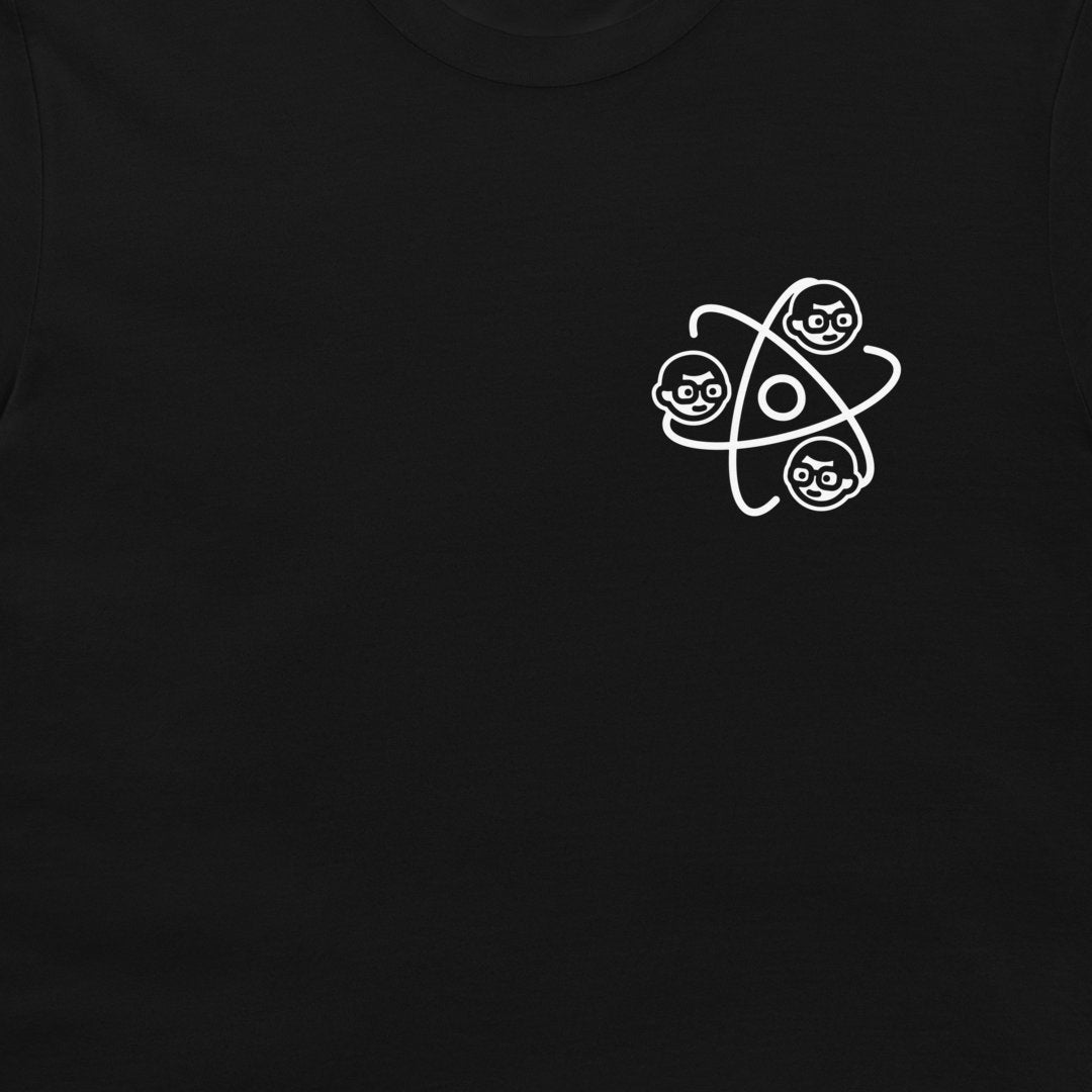 Minimal Dork Matter atom logo science. Black t-shirt close-up