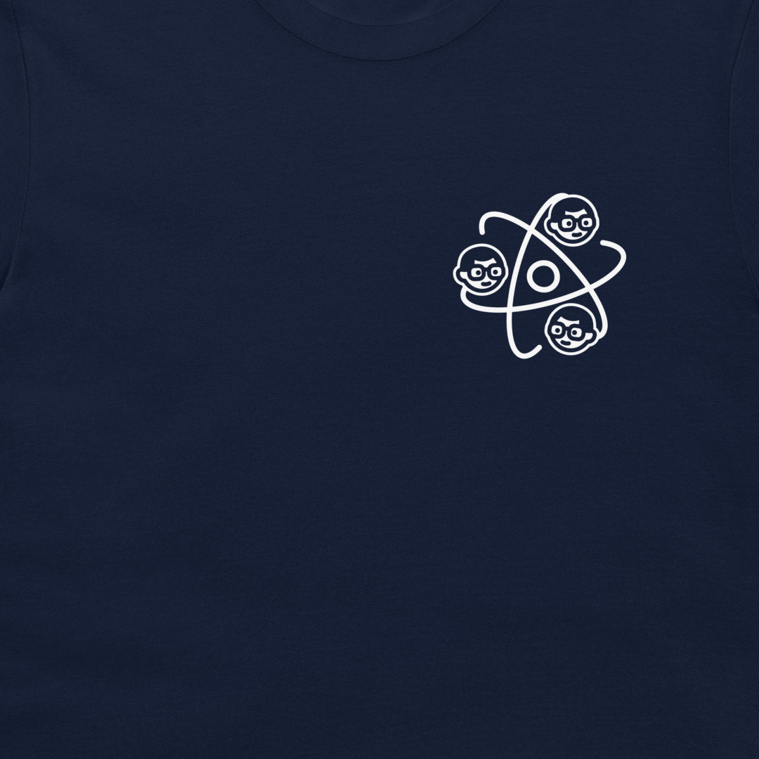 Minimal Dork Matter atom logo science. Navy blue  t-shirt close-up