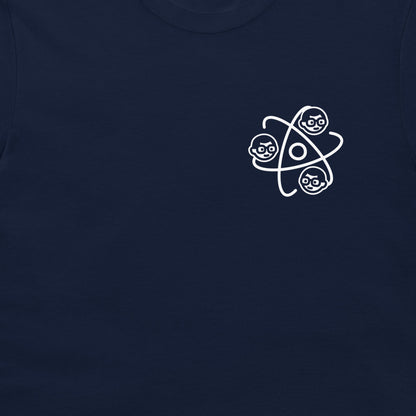 Minimal Dork Matter atom logo science. Navy blue  t-shirt close-up