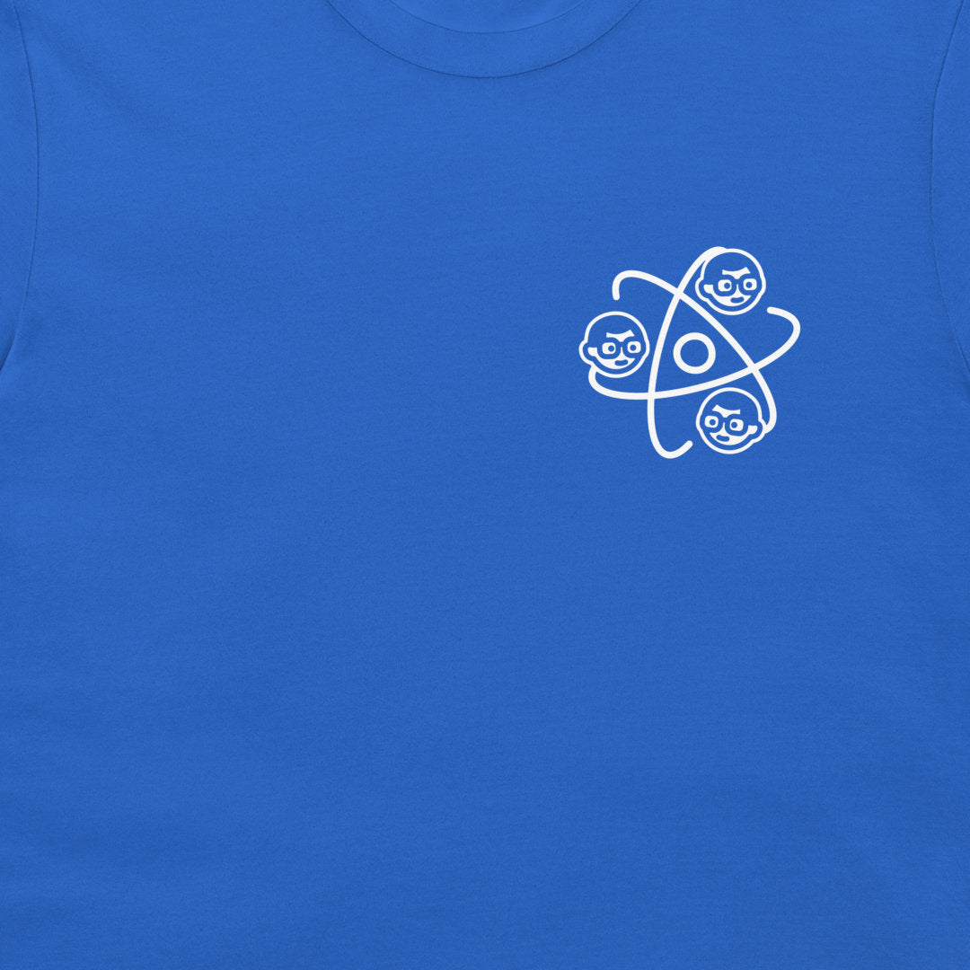 Minimal Dork Matter atom logo science. Royal blue t-shirt close-up.