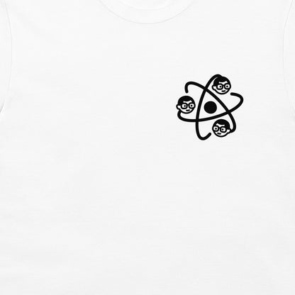 Minimal Dork Matter atom logo science. White t-shirt close-up
