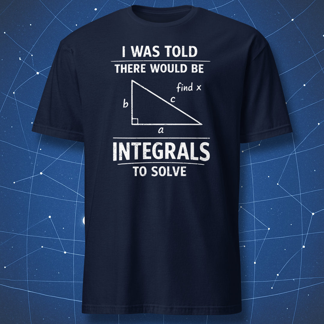 navy blue t-shirt with minimalist math humor design integrals joke and triangle graphic