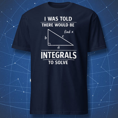 navy blue t-shirt with minimalist math humor design integrals joke and triangle graphic