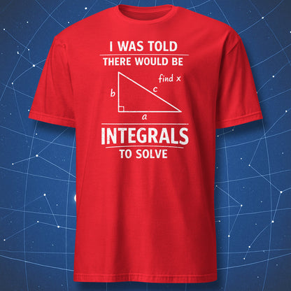 red t-shirt with funny math shirt design integrals joke and simple triangle diagram