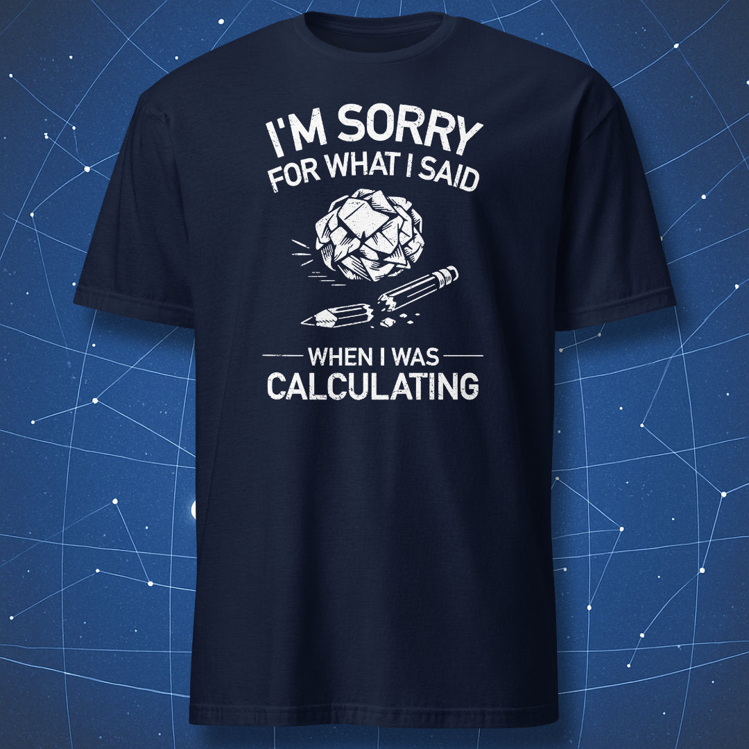 Navy blue t-shirt with white math humor print and broken pencil with crumpled paper illustration
