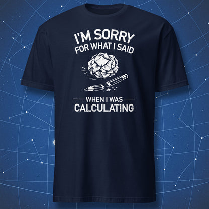 Navy blue t-shirt with white math humor print and broken pencil with crumpled paper illustration