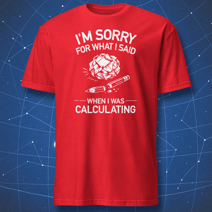 Red t-shirt featuring humorous math quote with white crumpled paper and broken pencil illustration