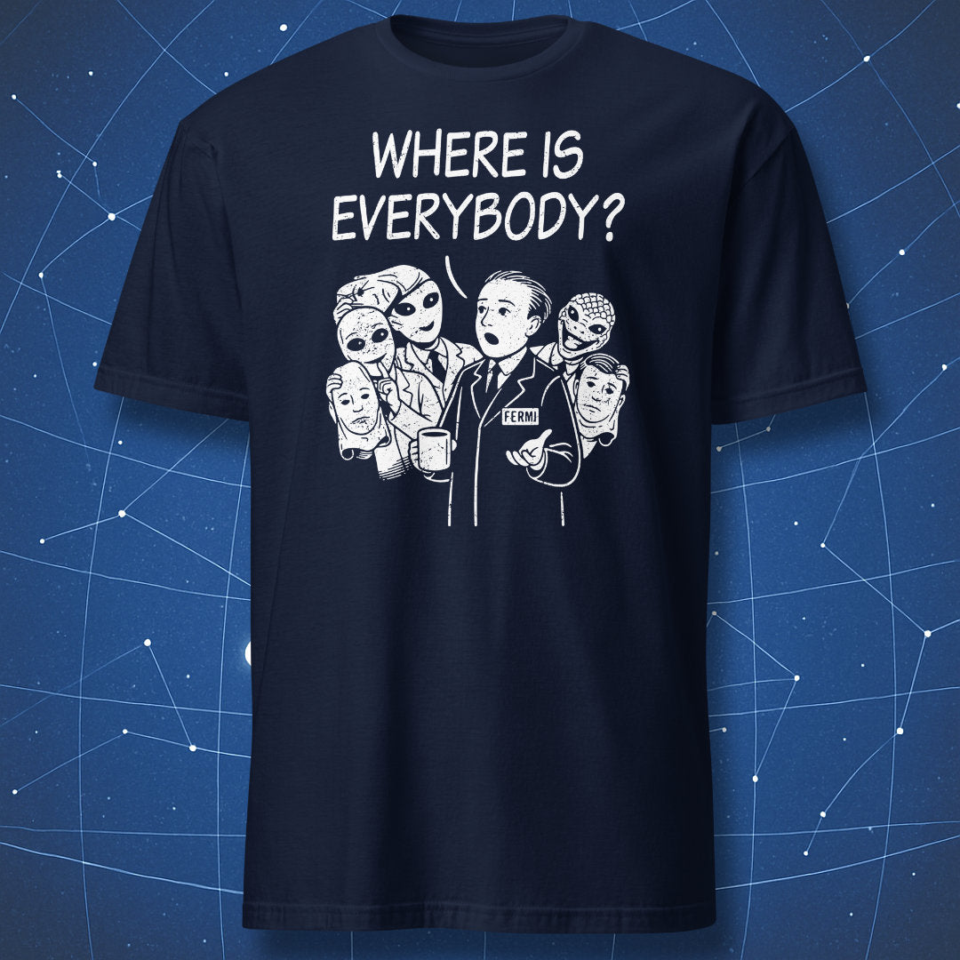 Funny science shirt showing Fermi paradox with hidden aliens revealed behind scientist illustration
