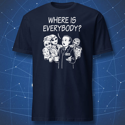 Funny science shirt showing Fermi paradox with hidden aliens revealed behind scientist illustration