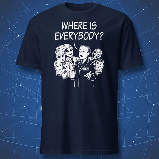 Funny science shirt showing Fermi paradox with hidden aliens revealed behind scientist illustration