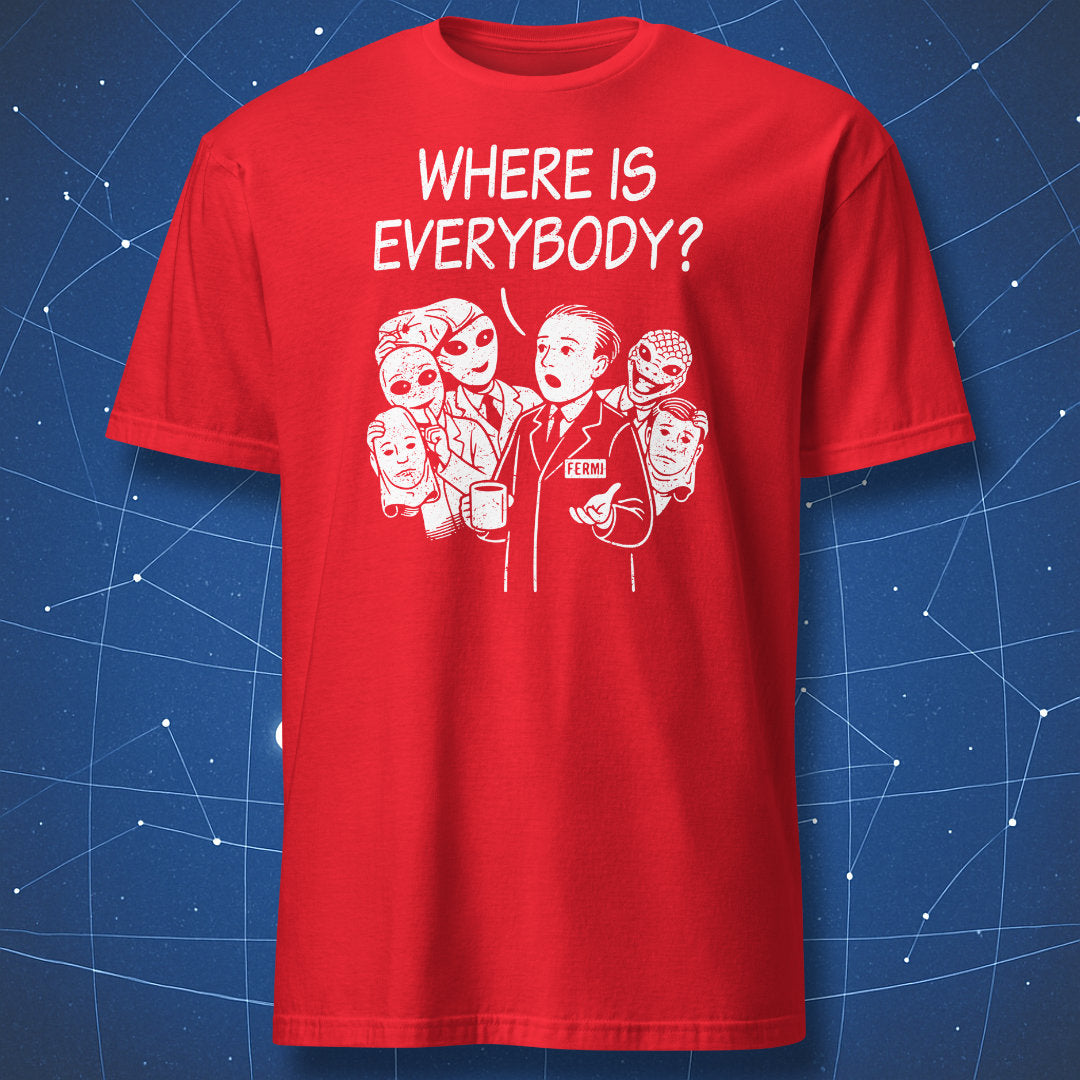 Red funny alien shirt with Fermi paradox design and hidden extraterrestrials revealed