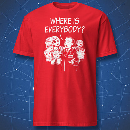 Red funny alien shirt with Fermi paradox design and hidden extraterrestrials revealed