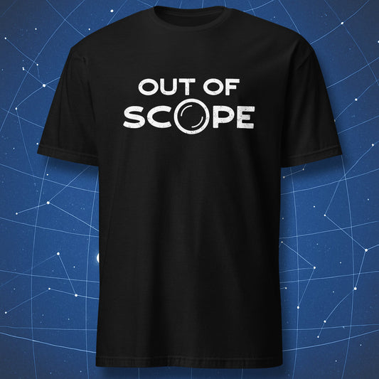 Out of Scope minimalist t-shirt black with lens detail in letter O clean engineer humor design