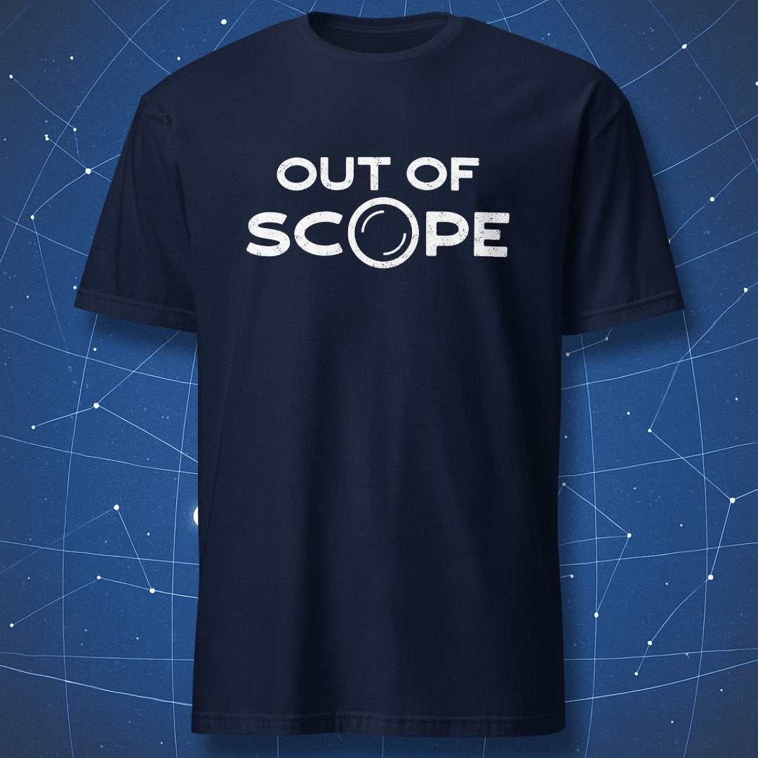 Out of Scope minimalist t-shirt navy with subtle lens O typography design