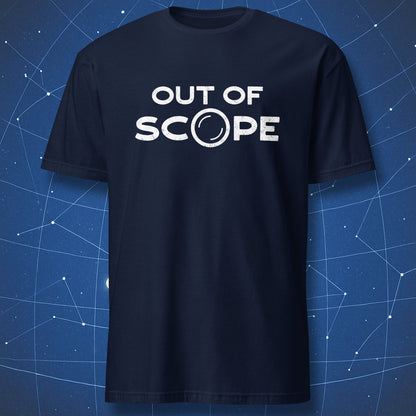 Out of Scope minimalist t-shirt navy with subtle lens O typography design