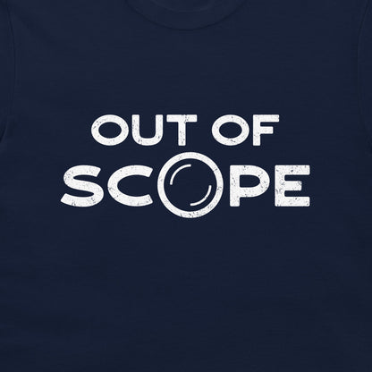 A close-up of a navy blue t-shirt featuring a distressed white graphic print that reads 'OUT OF SCOPE' with the letter 'O' stylized as a telescope lens.