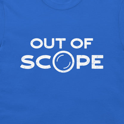 A close-up of a royal blue t-shirt featuring a distressed white graphic print that reads 'OUT OF SCOPE' with the letter 'O' stylized as a telescope scope.