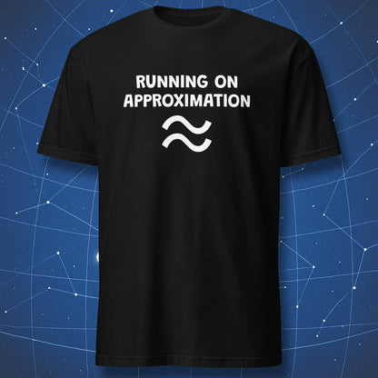 Running on Approximation t-shirt black with math humor text and wave symbol minimalist design