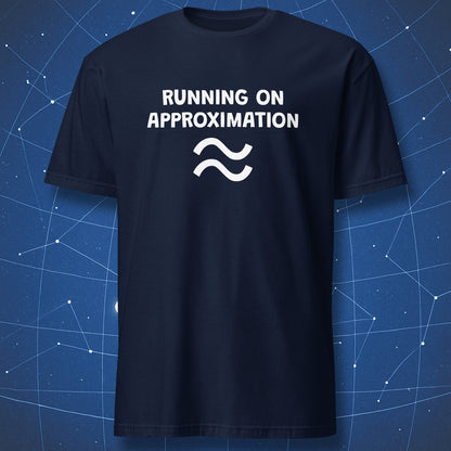 Running on Approximation t-shirt navy with clean math joke typography and wave symbol