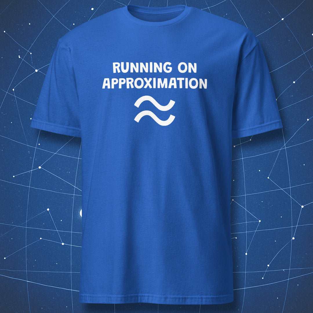 Running on Approximation t-shirt royal blue minimalist math humor design with wave icon