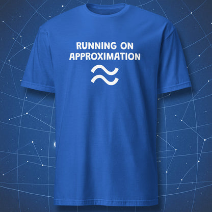 Running on Approximation t-shirt royal blue minimalist math humor design with wave icon