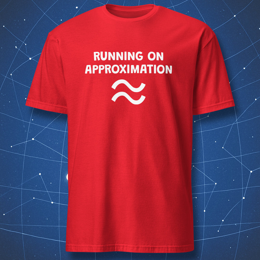 Running on Approximation t-shirt red with bold clean nerd humor text design