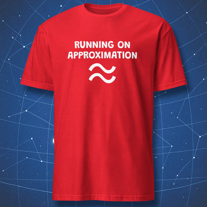 Running on Approximation t-shirt red with bold clean nerd humor text design