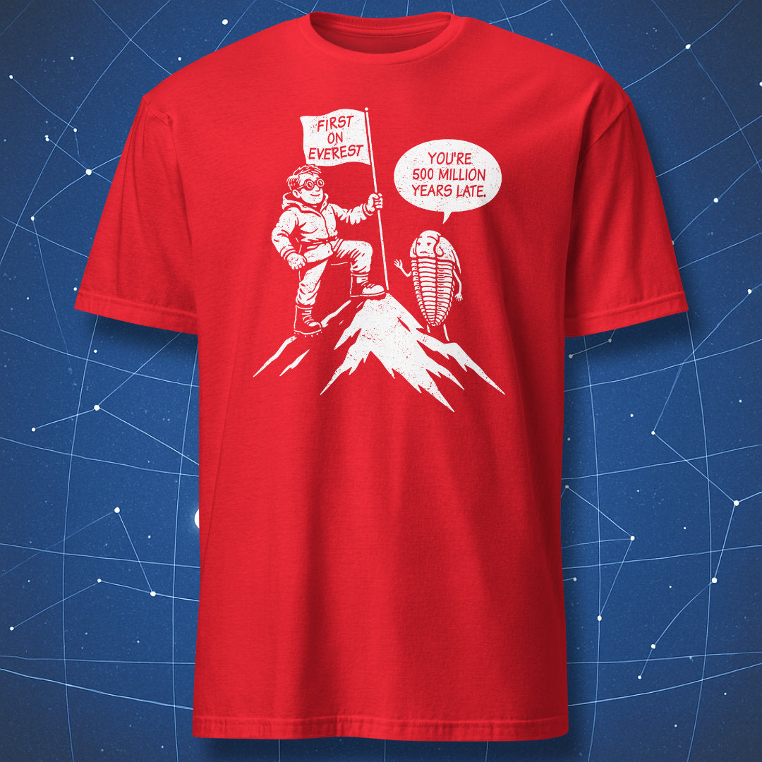 Humorous evolution design with mountaineer and trilobite joke about 500 million years late on red shirt