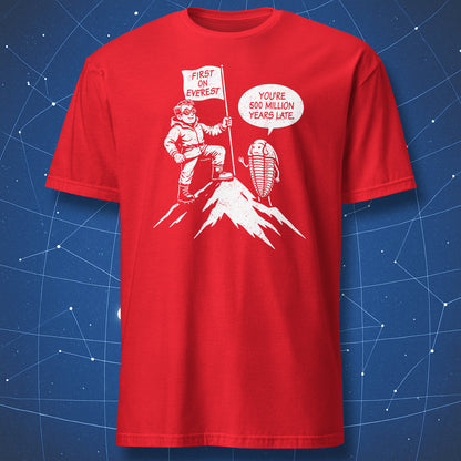Humorous evolution design with mountaineer and trilobite joke about 500 million years late on red shirt