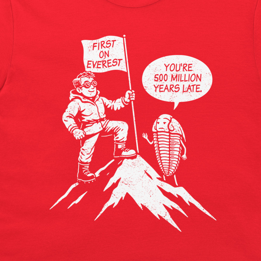 A close-up of a black graphic print on a t-shirt featuring a white cartoon illustration of a climber reaching the top of Everest with a flag that reads 'FIRST ON EVEREST', next to a trilobite with a speech bubble saying 'YOU'RE 500 MILLION YEARS LATE'.