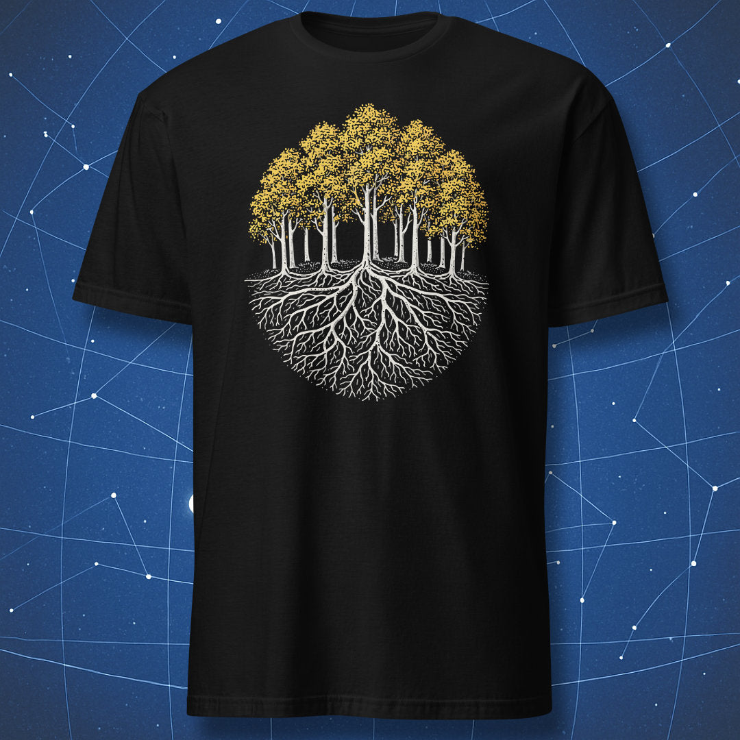 Pando colony t-shirt showing aspen trees with yellow leaves and a connected root system graphic on black shirt