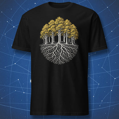 Pando colony t-shirt showing aspen trees with yellow leaves and a connected root system graphic on black shirt