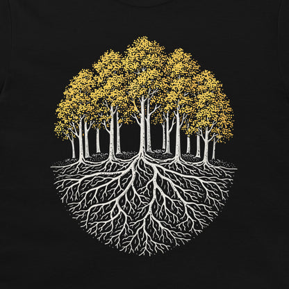 Pando colony t-shirt showing aspen trees with yellow leaves and a connected root system graphic on black shirt