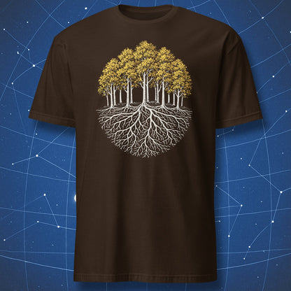 Pando aspen grove t-shirt featuring yellow tree canopy and white root system graphic on dark brown shirt
