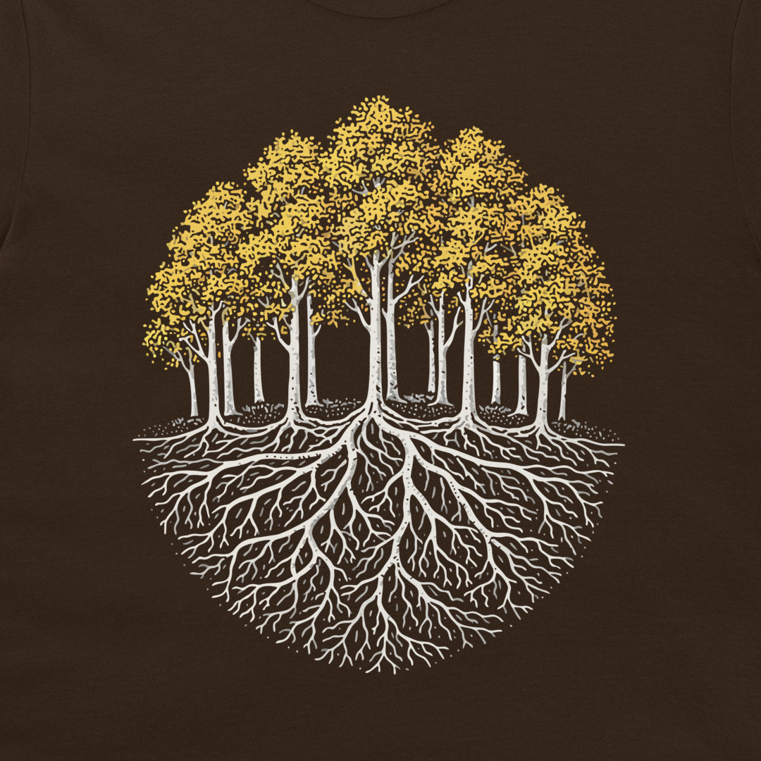 Pando colony t-shirt showing aspen trees with yellow leaves and a connected root system graphic on dark chocolate shirt
