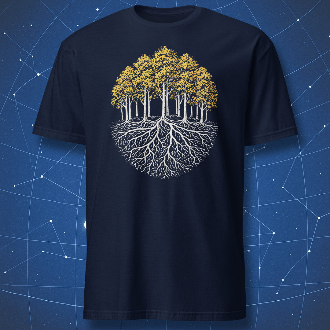 Pando colony t-shirt with aspen trees and shared root network illustration on navy blue shirt