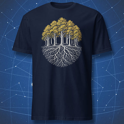 Pando colony t-shirt with aspen trees and shared root network illustration on navy blue shirt