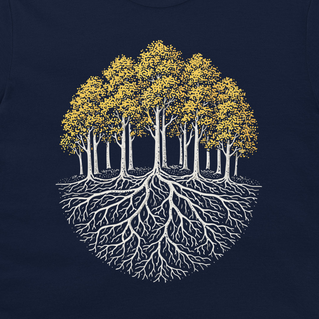 Pando colony t-shirt showing aspen trees with yellow leaves and a connected root system graphic on navy blue shirt.