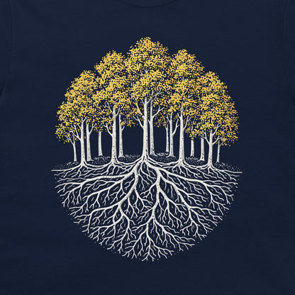 Pando colony t-shirt showing aspen trees with yellow leaves and a connected root system graphic on navy blue shirt.