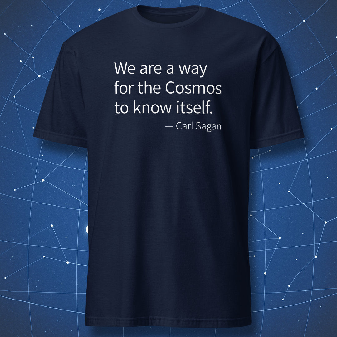 Navy blue t-shirt featuring Carl Sagan cosmos quote in clean minimal text design