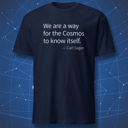 Navy blue t-shirt featuring Carl Sagan cosmos quote in clean minimal text design