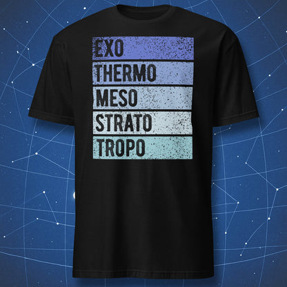 Black t-shirt with atmosphere layers design from exosphere to troposphere